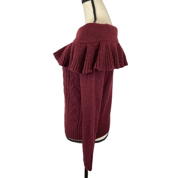 WAYF SHELDON OFF SHOULDER RUFFLE KNIT SWEATER IN RED TANNIN MEDIUM - Picture 6 of 9
